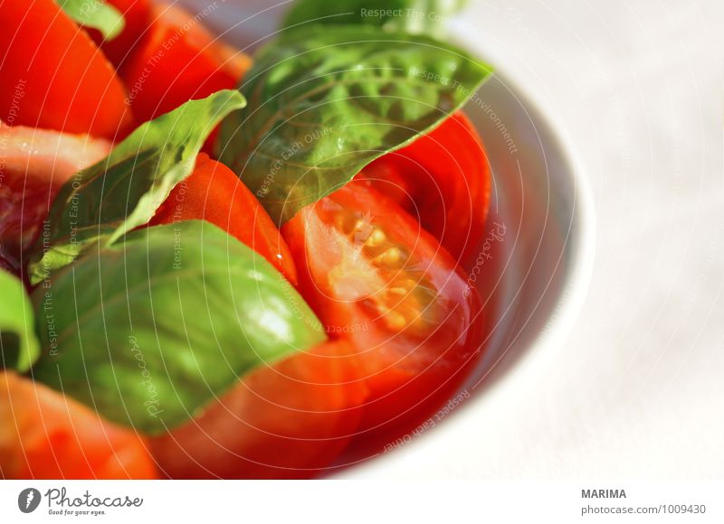 detail of tomato-basil salad Lebensmittel Gemüse Ernährung Büffet Brunch Vegetarische Ernährung Teller Gastronomie Umwelt Natur Blatt Liebe frisch kalt lecker