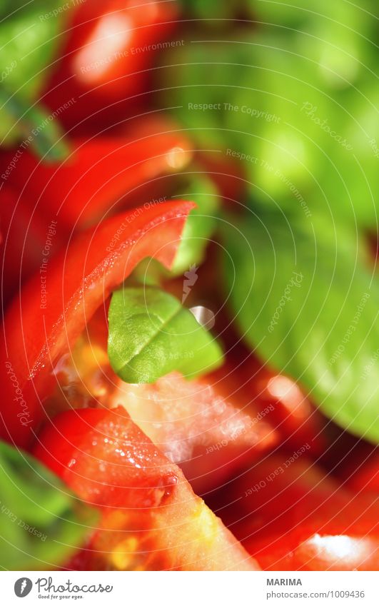 detail of tomato-basil salad Lebensmittel Gemüse Ernährung Büffet Brunch Vegetarische Ernährung Gastronomie Umwelt Natur Blatt Liebe frisch kalt lecker grün rot