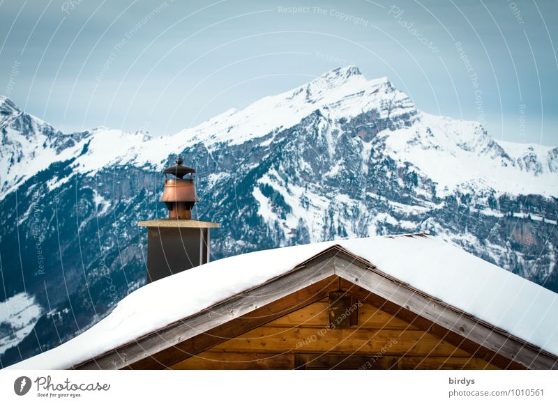 Alpenidyll Ferien & Urlaub & Reisen Winterurlaub Berge u. Gebirge Natur Landschaft Himmel Schnee Gipfel Schneebedeckte Gipfel Holzhaus Dach Dachgiebel
