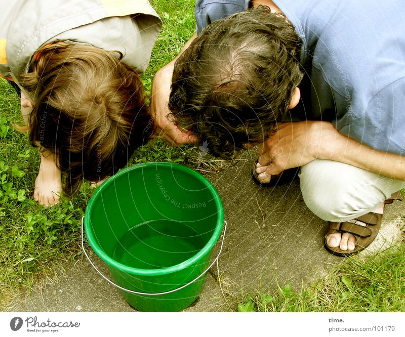 Familienforschung Blick Haare & Frisuren Sommer Garten Mann Erwachsene Vater Kopf Wasser Kommunizieren warten Neugier Ausdauer Überraschung Tochter Mückenlarve