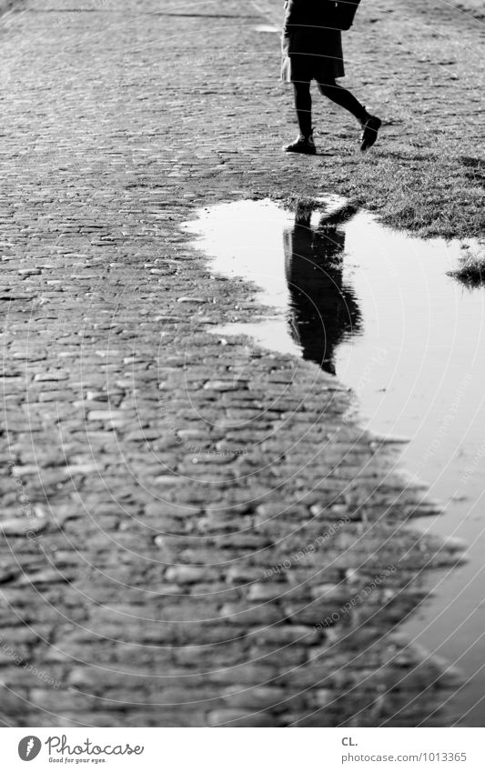 spiegelung Mensch feminin Frau Erwachsene Leben Beine 1 Umwelt Wasser Herbst Winter Klima Klimawandel Wetter schlechtes Wetter Regen Pfütze Kopfsteinpflaster