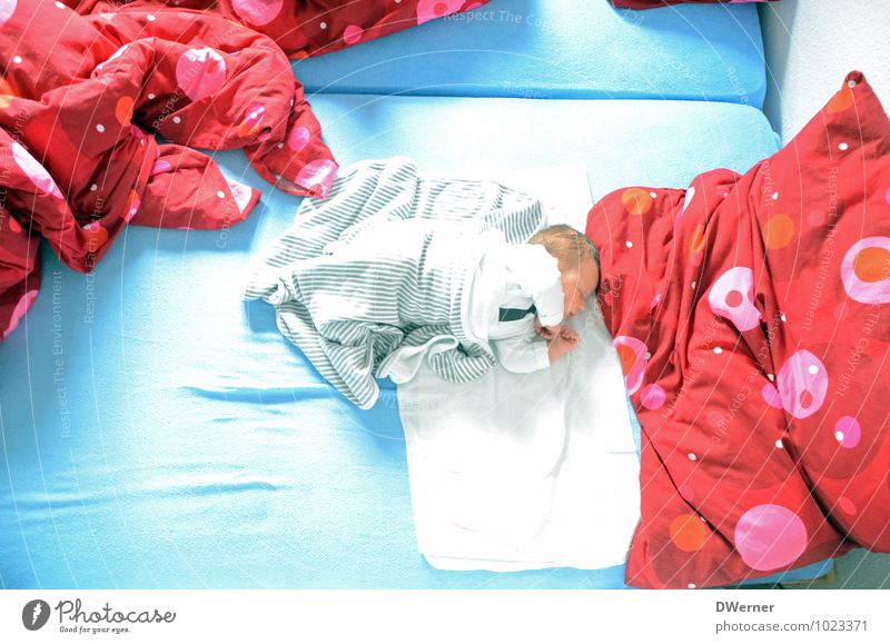 Stammhalter Glück Bett Kind Baby Kleinkind Körper 1 Mensch 0-12 Monate Bekleidung liegen schlafen träumen schön blau rot Fürsorge ruhig Decke Sohn Ehebett