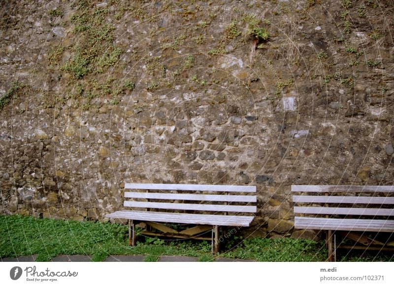 Die Mauer muss weg grau Einsamkeit leer verfallen Bank alt Rasen