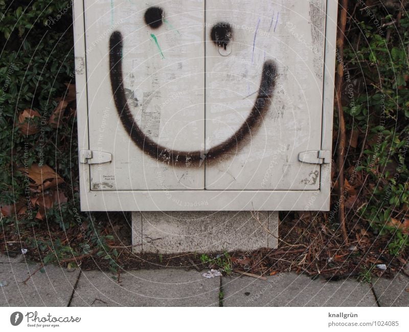 Smile Stromkasten Graffiti Kommunizieren Lächeln dreckig Freundlichkeit Fröhlichkeit Glück lustig niedlich Stadt grau schwarz Gefühle Stimmung Freude Optimismus