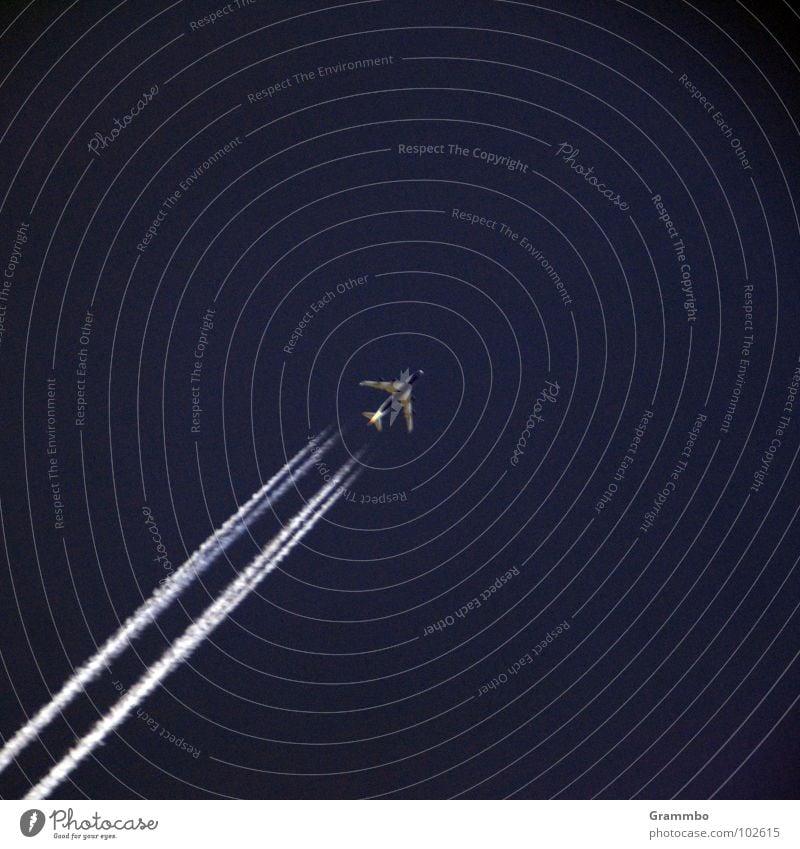 siebenuhrsiebenunddreißig Strahlung Flugzeug Düsenflugzeug Luftverkehr Himmel blau hoch Außenaufnahme