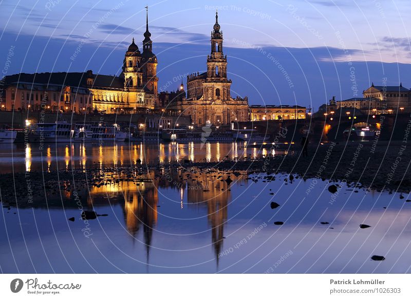 Dresden zur blauen Stunde Architektur Umwelt Wasser Flussufer Sachsen Deutschland Europa Hauptstadt Stadtzentrum Kirche Bauwerk Sehenswürdigkeit Wahrzeichen