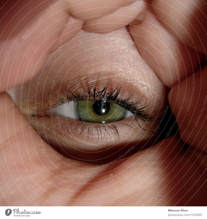 Augenblick Hand Wimpern grün Suche Augenfarbe Tunnel Frau Konzentration Kommunizieren Blick Momentaufnahme