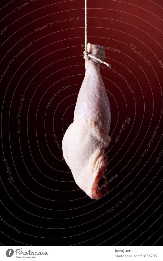Hühnerbein, Obacht Lebensmittel Fleisch Schnur frisch rot weiß Hähnchenschenkel roh Geflügel hängend Bein Essen Zutaten kochen & garen Fett Faden Beine Haxe