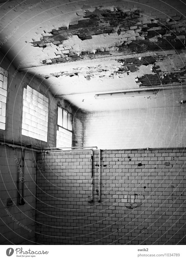 Badezimmer Mauer Wand Fassade Fenster Raum Fliesen u. Kacheln Eisenrohr Wasserrohr Stein Glas Metall alt historisch kaputt trashig trist Verfall Vergangenheit
