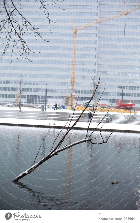 no schickimicki Baustelle Wirtschaft Umwelt Natur Wasser Winter Klima Wetter Eis Frost Schnee Schneefall Baum Ast Park Teich See Düsseldorf Stadt Hochhaus