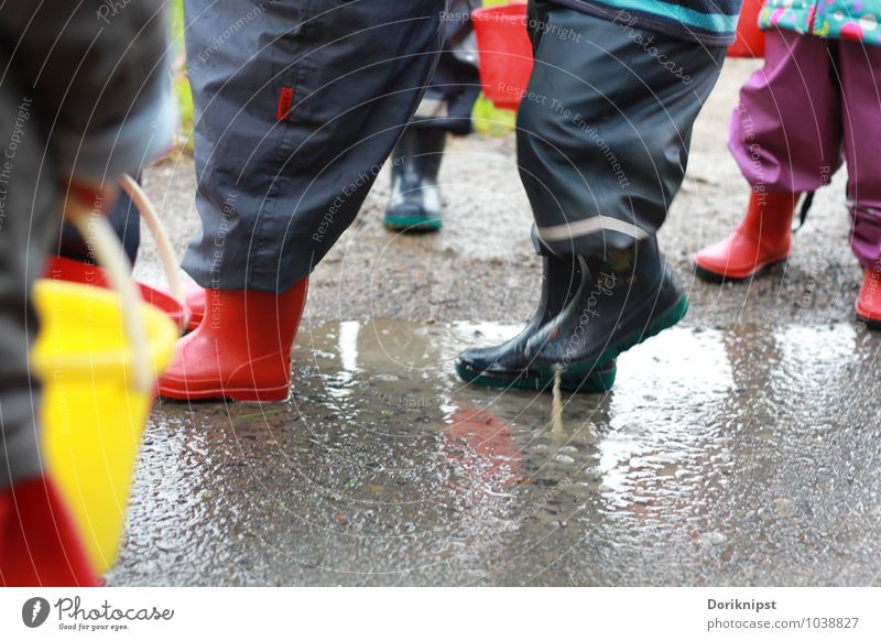 Pitsch Patsch Freude Spielen Mensch Kleinkind Fuß 1-3 Jahre Herbst schlechtes Wetter Gummistiefel Bewegung entdecken genießen einfach Zusammensein lustig grau