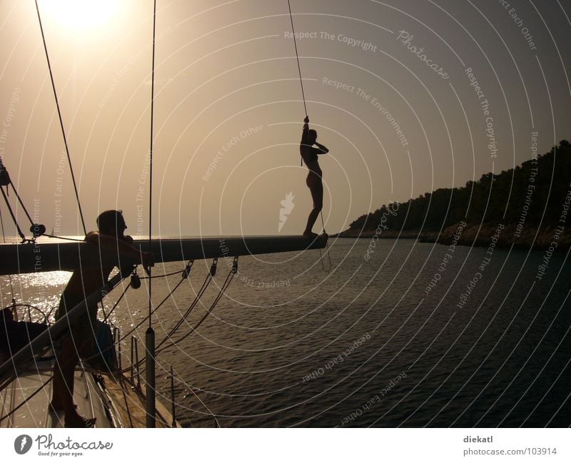 sonnenuntergang segelboot Sonnenuntergang Segelboot Wasserfahrzeug Kroatien Baum springen Physik Meer Bucht sundowner chillig Strommast Wärme