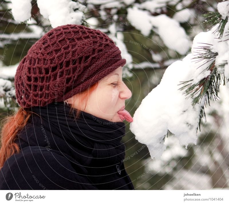 Eif? Abenteuer Winter Schnee Mensch feminin Junge Frau Jugendliche Mund Zunge 1 18-30 Jahre Erwachsene Eis Frost Schal Mütze rothaarig berühren entdecken
