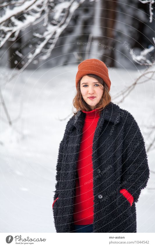 Hier bin ich elegant Winter Schnee feminin Mädchen Junge Frau Jugendliche Erwachsene 1 Mensch 18-30 Jahre Eis Frost Baum Wald Mütze brünett langhaarig
