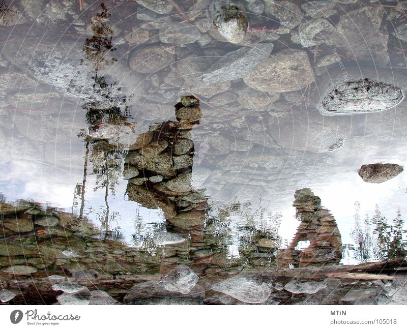 die Rast. Pause Bach Reflexion & Spiegelung Spiegelbild Slowakische Republik Tatra wandern ruhig Müdigkeit Außenaufnahme bizarr verrückt seltsam gedreht falsch