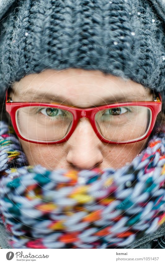 Mit Lifestyle Stil Mensch feminin Frau Erwachsene Leben Auge Nase 1 30-45 Jahre Winter Eis Frost Schnee Bekleidung Brille Schal Mütze Blick Wärme grau rot