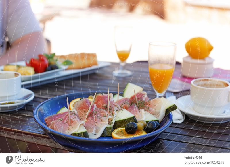 Frühstück auf Mallorca Lebensmittel Ernährung ästhetisch Gesunde Ernährung lecker Melonen Schinken Snack Orangensaft Frühstückstisch Frühstückspause Urlaubsfoto