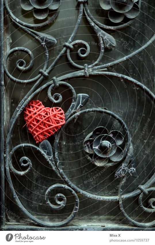 Verschlungen Dekoration & Verzierung Flirten Valentinstag Blume Rose Blüte Fassade Tür Kitsch Krimskrams Metall Rost Herz rot Gefühle Stimmung Liebe