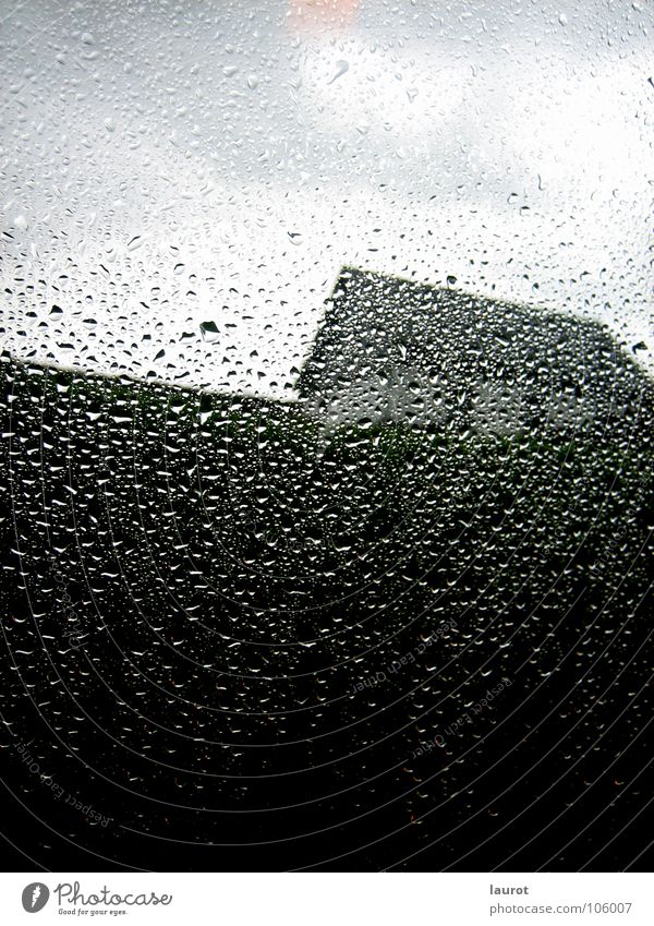Tropfenlandschaft Haus Gras Fenster Fensterscheibe grau nass dunkel unheimlich verdeckt Nachmittag Bergisch Gladbach Wolken Blick nach oben Wasser Himmel Regen