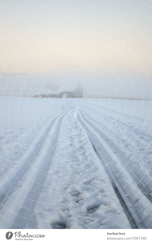 Der Weg zum Stall Skifahren Natur Landschaft Himmel Winter Klima Schnee Hütte Fußspur Streifen hell kalt weiß Stimmung Freizeit & Hobby Freude Wege & Pfade Ziel