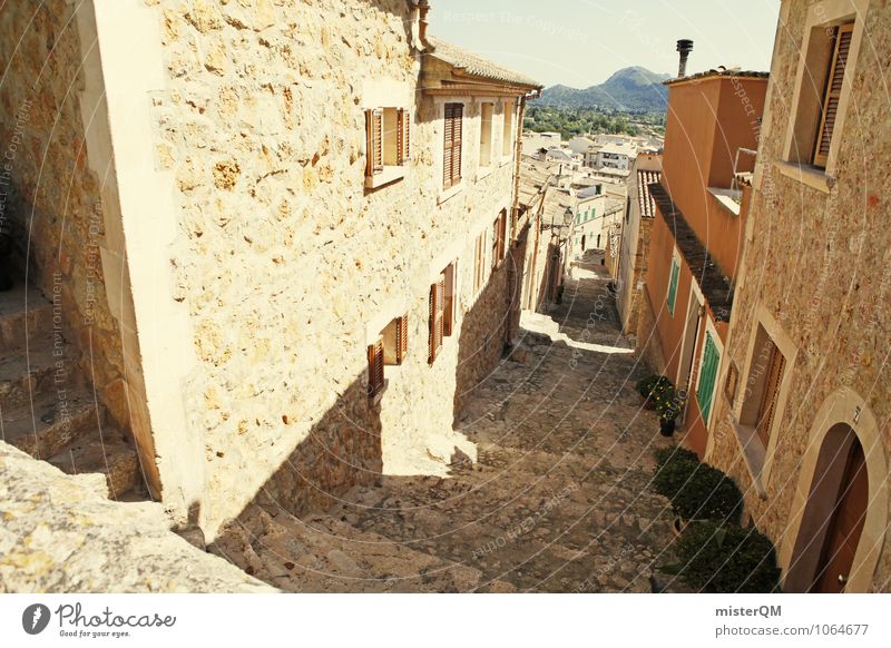 ... dann rechts ... Dorf Fischerdorf Kleinstadt Stadt Stadtrand Altstadt Menschenleer Haus Mauer Wand ästhetisch Mallorca Spanien mediterran Gasse Farbfoto