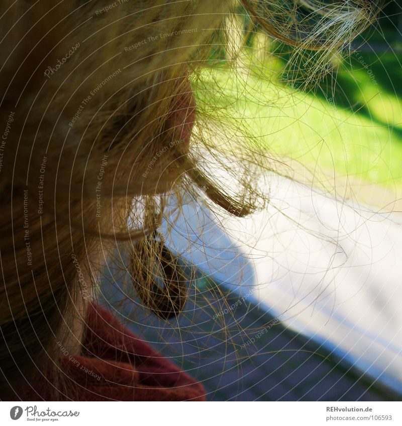 Gewissheit Aussicht grün Blick Zukunft Frau Zweck Konzentration Garten Park nach vorne sehen beobachten Haare & Frisuren Kopf Ohrringe Ablenkung Locken Wegsehen