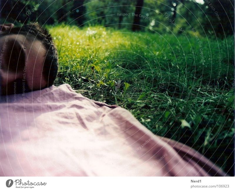 Liegen grün Mann rosa ruhig schlafen Langeweile Frieden liegen Natur Kopf Außenaufnahme Männerkopf Rasen Gras Wiese Decke Gesichtsausschnitt Männergesicht