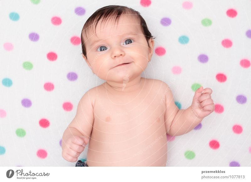 Kleines Baby-Mädchen liegt auf Decke mit bunten Tupfen schön Kind Mensch Kindheit 0-12 Monate Lächeln klein niedlich weich rein unschuldig reizvoll Geburt