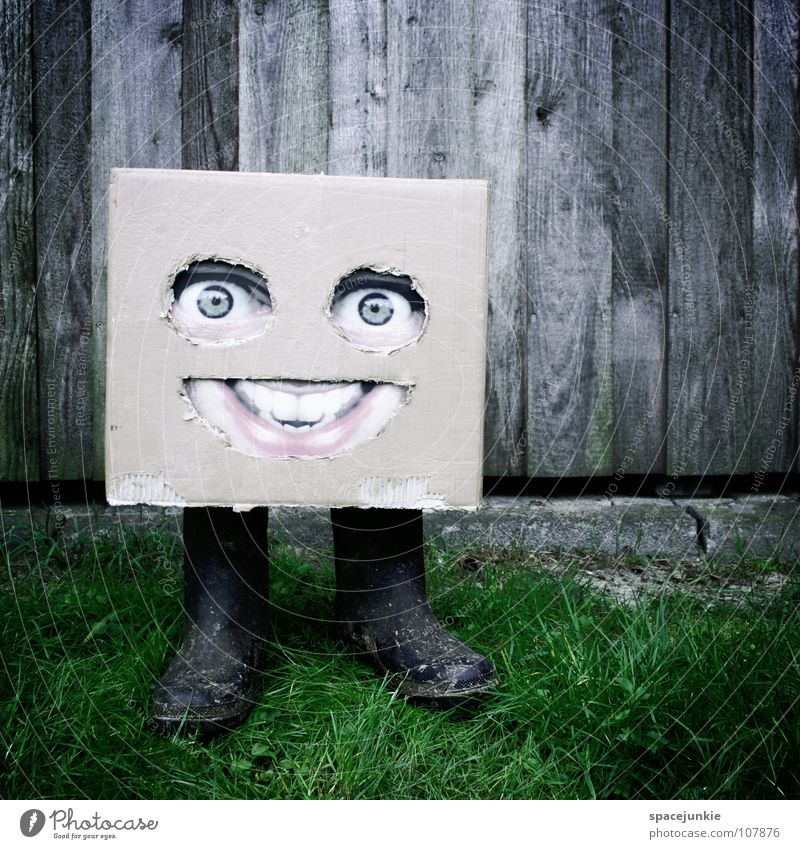 Auf dem Lande (2) Karton skurril Humor Freak Quadrat Dorf Feld Stiefel Gummistiefel Wand Holz grün Freude Gesicht Maske Versteck verstecken Amerika Erde