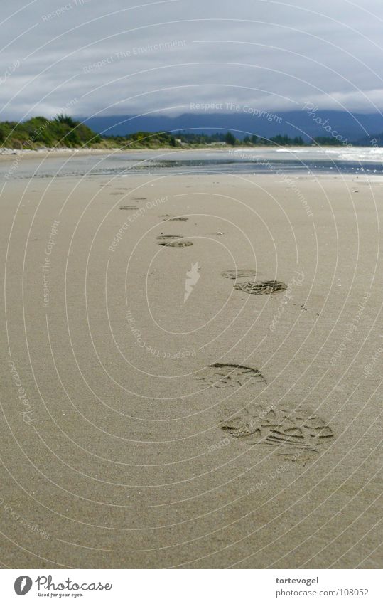 Spuren im Sand Strand Australien + Ozeanien Küste Trauer schön Fußspur kalt nass Meer feucht Neuseeland Neuseeländer trüb Verzweiflung Herbst coast Traurigkeit