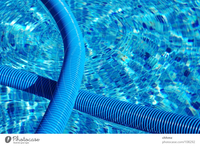 POOL Schwimmbad Wasser Reinigen blau Schlauch Im Wasser treiben Riffel Farbfoto Außenaufnahme Nahaufnahme Tag Wasseroberfläche Reflexion & Spiegelung