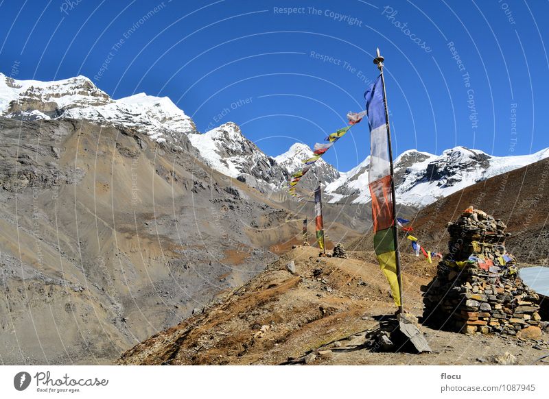 Buddhistische Gebetsflaggen, die in den Wind im Himalaja fließen Gesicht Ferien & Urlaub & Reisen Winter Schnee Berge u. Gebirge wandern Klettern Bergsteigen