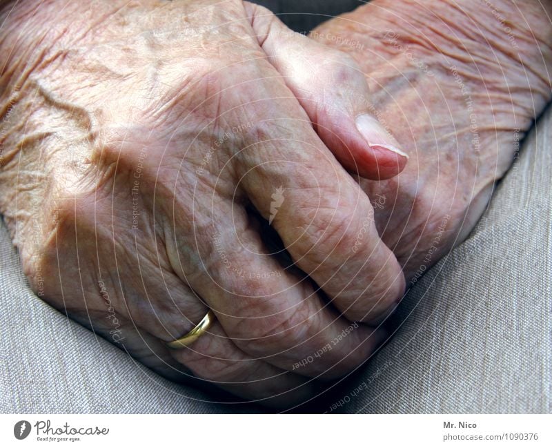 die hände in den schoß legen feminin Großmutter Senior Leben Haut Hand Finger 60 und älter Ring alt geduldig Weisheit Sorge Trauer Einsamkeit Erschöpfung