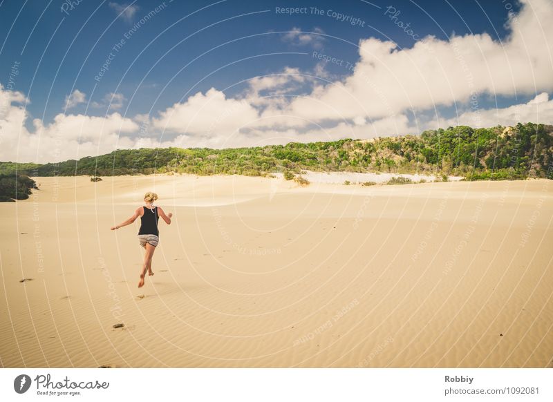 Über den Dünen... Frau Erwachsene 1 Mensch Natur Landschaft Sand Himmel Insel Fraser Island Wüste Oase Australien + Ozeanien Stranddüne Fußspur entdecken laufen