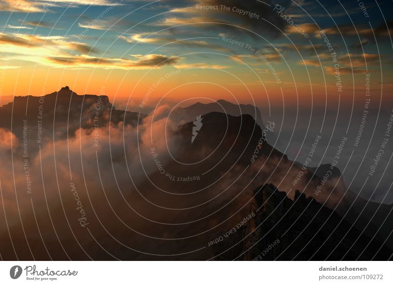 ganz oben Sonnenuntergang Cirrus Klimawandel Schweiz Berner Oberland Bergsteigen Freizeit & Hobby Ausdauer weiß Wolken Hochgebirge Sauberkeit Luft zyan gelb