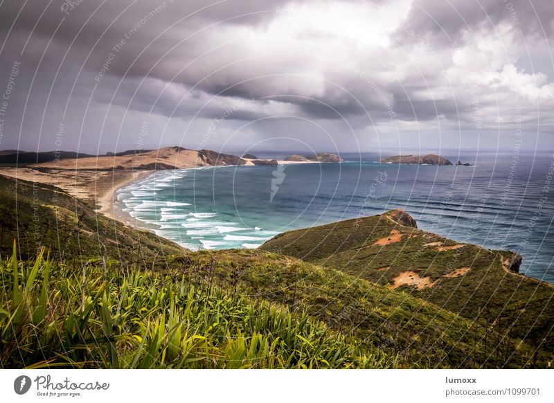 cape reinga Natur Landschaft Urelemente Sand Wasser Gewitterwolken schlechtes Wetter Unwetter Sturm Küste Strand Bucht Meer Tasmanische See Insel Neuseeland