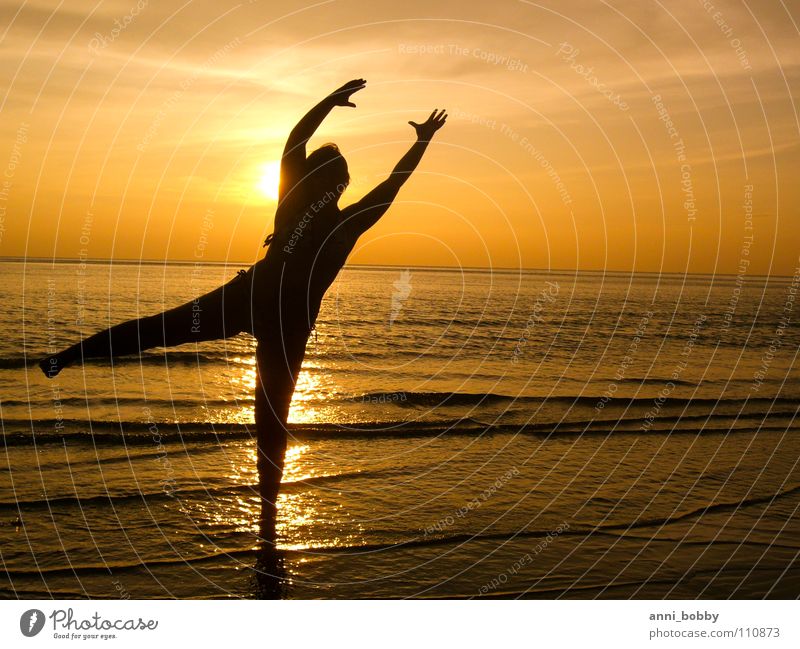 Und wenn sie tanzt... Balletttänzer Meer Wellen Strand Sonnenuntergang schön träumen Ferne Bewegung Barfuß Frau Himmel Sommer Schatten Sand Mensch fantastisch