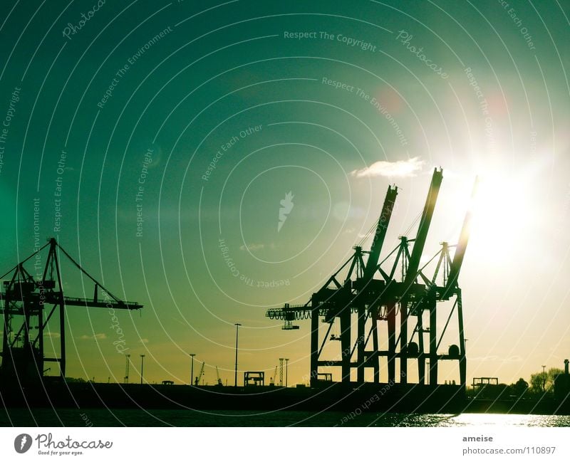 Unser kleiner Hafen [pt. 4] Hafenkran Kran Portwein Wasserfahrzeug Wolken Himmel Deutschland Sonnenuntergang Heimweh Werft Blohm + Voss grün Industriefotografie