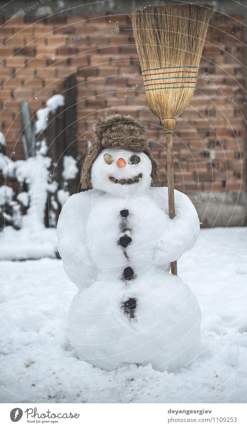 Schneemann im Hof Freude Glück Gesicht Spielen Winter Feste & Feiern Mann Erwachsene Schal Hut Lächeln authentisch weiß kalt Möhre Jahreszeiten Weihnachten Nase