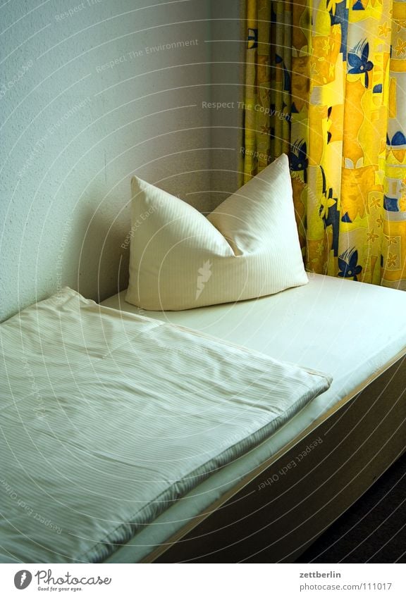 Angenehme Nacht Hotel Herberge schlafen träumen Bett Doppelbett Kissen Bettdecke Gardine Dienstleistungsgewerbe Schlafzimmer Decke Kopfkissen Hotelzimmer