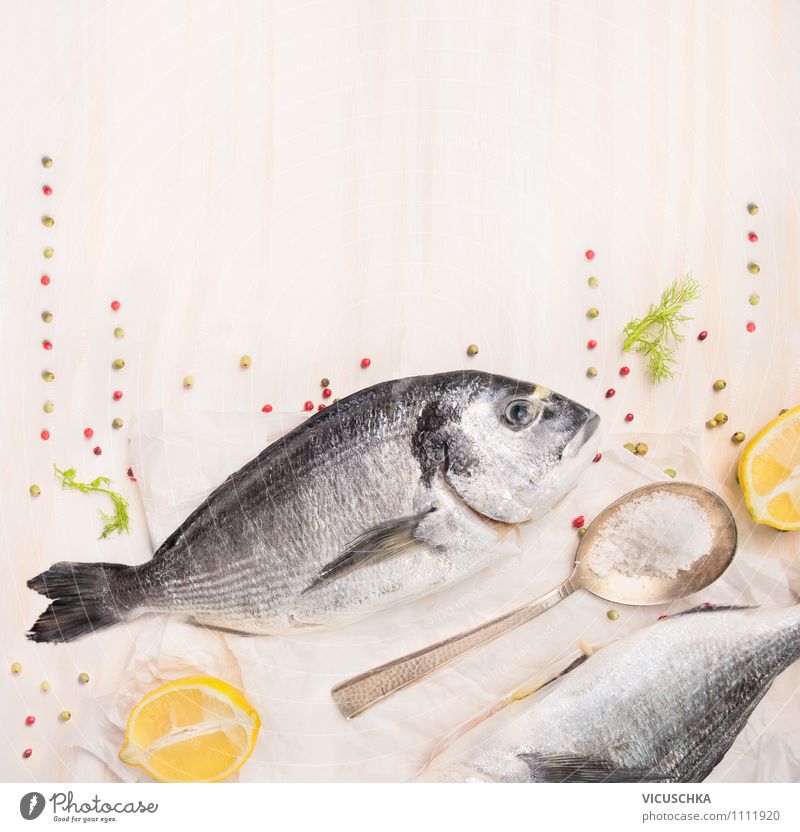 Dorado Fisch roh mit Gewürzen Lebensmittel Kräuter & Gewürze Ernährung Festessen Bioprodukte Vegetarische Ernährung Diät Löffel Lifestyle Stil Design