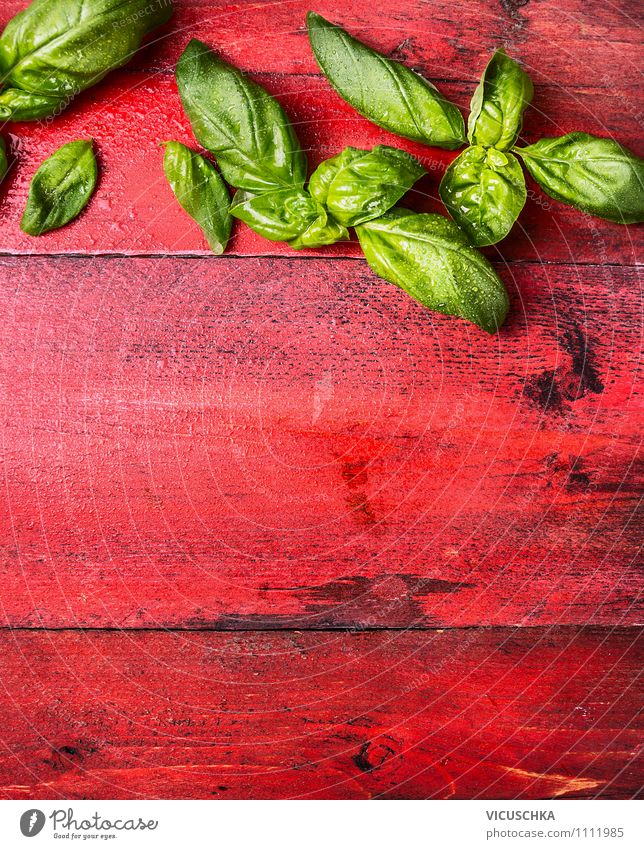 Basilikum auf rotem Holztisch Lebensmittel Kräuter & Gewürze Ernährung Italienische Küche Stil Design Gesunde Ernährung Garten Tisch Natur Hintergrundbild basil
