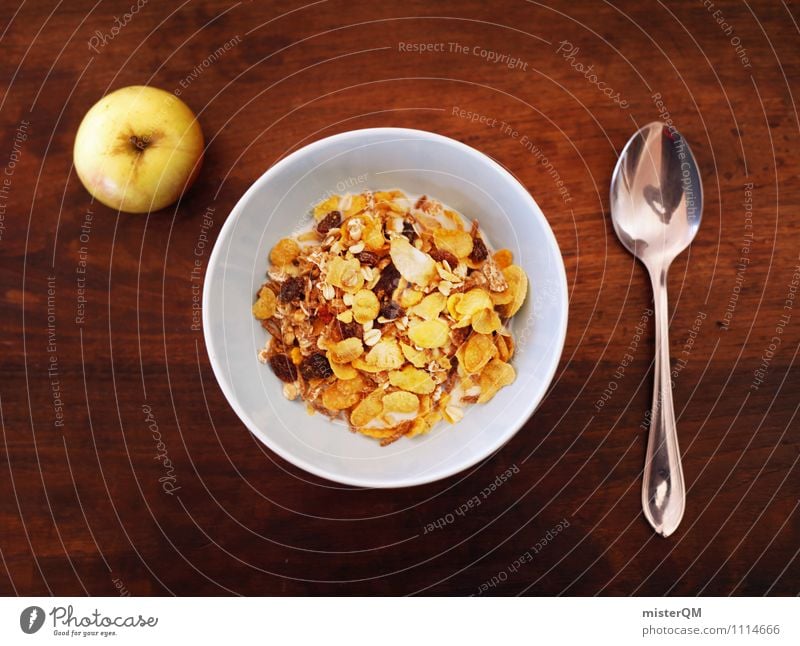 Start in den Tag. Kunst ästhetisch Müsli Schalen & Schüsseln Frühstück Frühstückstisch Frühstückspause Löffel Apfel Tisch Foodfotografie Gesunde Ernährung
