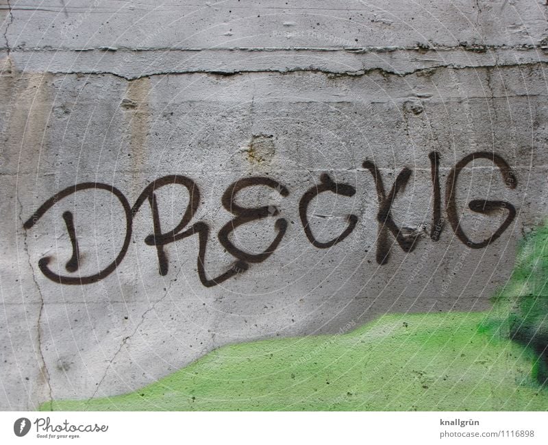DRECKIG Mauer Wand Fassade Schriftzeichen Graffiti Kommunizieren dreckig Stadt grau grün schwarz Gefühle Beton Betonmauer Farbfoto Außenaufnahme Menschenleer