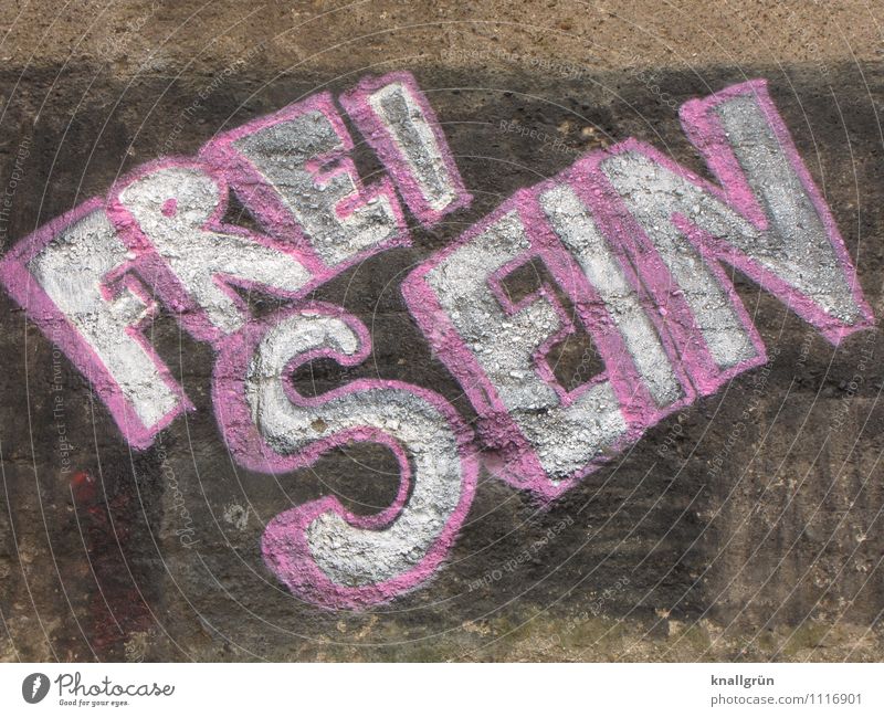 FREI SEIN Mauer Wand Fassade Schriftzeichen Graffiti Kommunizieren dreckig Stadt braun rosa weiß Gefühle Optimismus Mut Hoffnung Energie Entschlossenheit