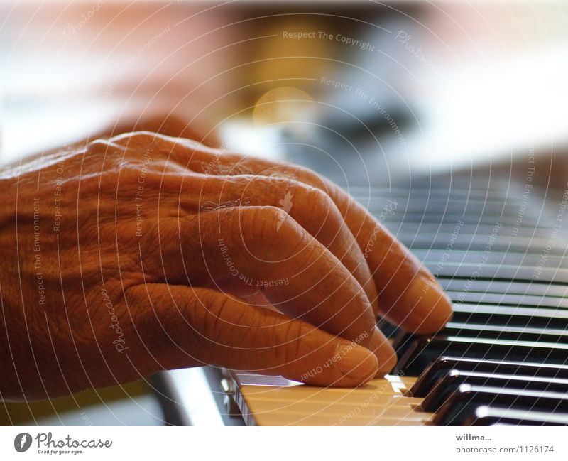 Hand eines Senioren spielt Klavier Musik Mann Männlicher Senior Keyboard alt Orgel Klaviatur Tasteninstrumente Akkord Mensch Lebensabend