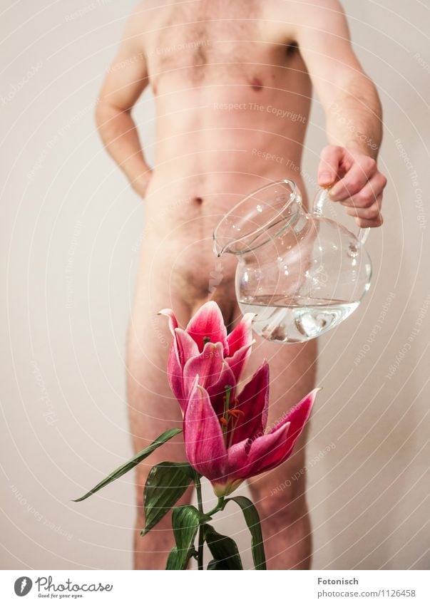 Gießen Mensch maskulin Junger Mann Jugendliche Erwachsene Körper 1 18-30 Jahre Natur Pflanze Lilien stehen außergewöhnlich Erotik frei lustig nackt dünn schön