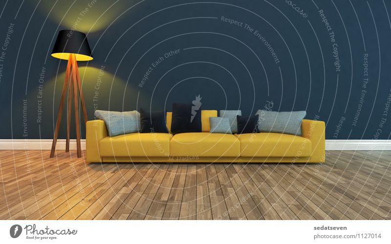 gelber Sitz mit dunkler Wand elegant Stil Design schön Erholung Wohnung Haus Möbel Sofa Wohnzimmer Kunst Pflanze Architektur Tür stehen dunkel modern blau