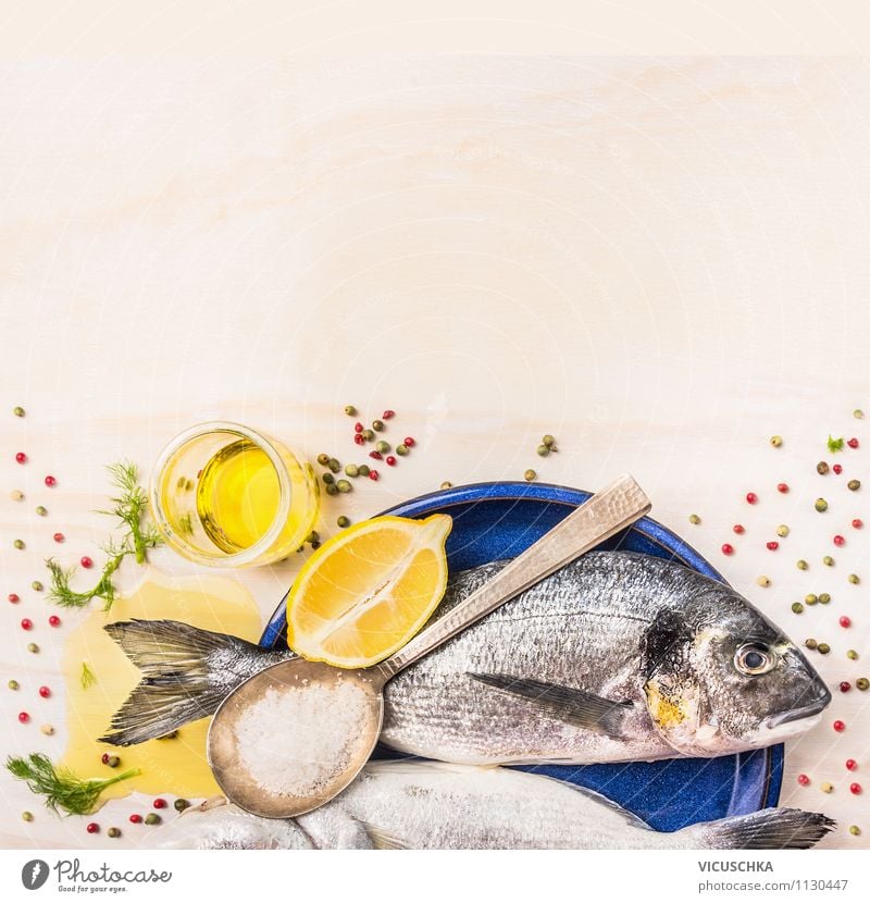 Hintergrund für Fischgerichte mit Dorade und Kochlöffel Lebensmittel Kräuter & Gewürze Öl Ernährung Mittagessen Abendessen Bioprodukte Vegetarische Ernährung