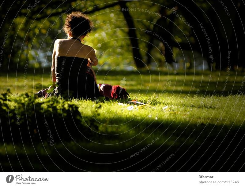 stadtpark Park Erholungsgebiet Baum Sträucher Pflanze Wiese Grünfläche Oberkörper Frau Student ruhend lesen grün Samt samtig Schatten Sommer Nachmittag Physik